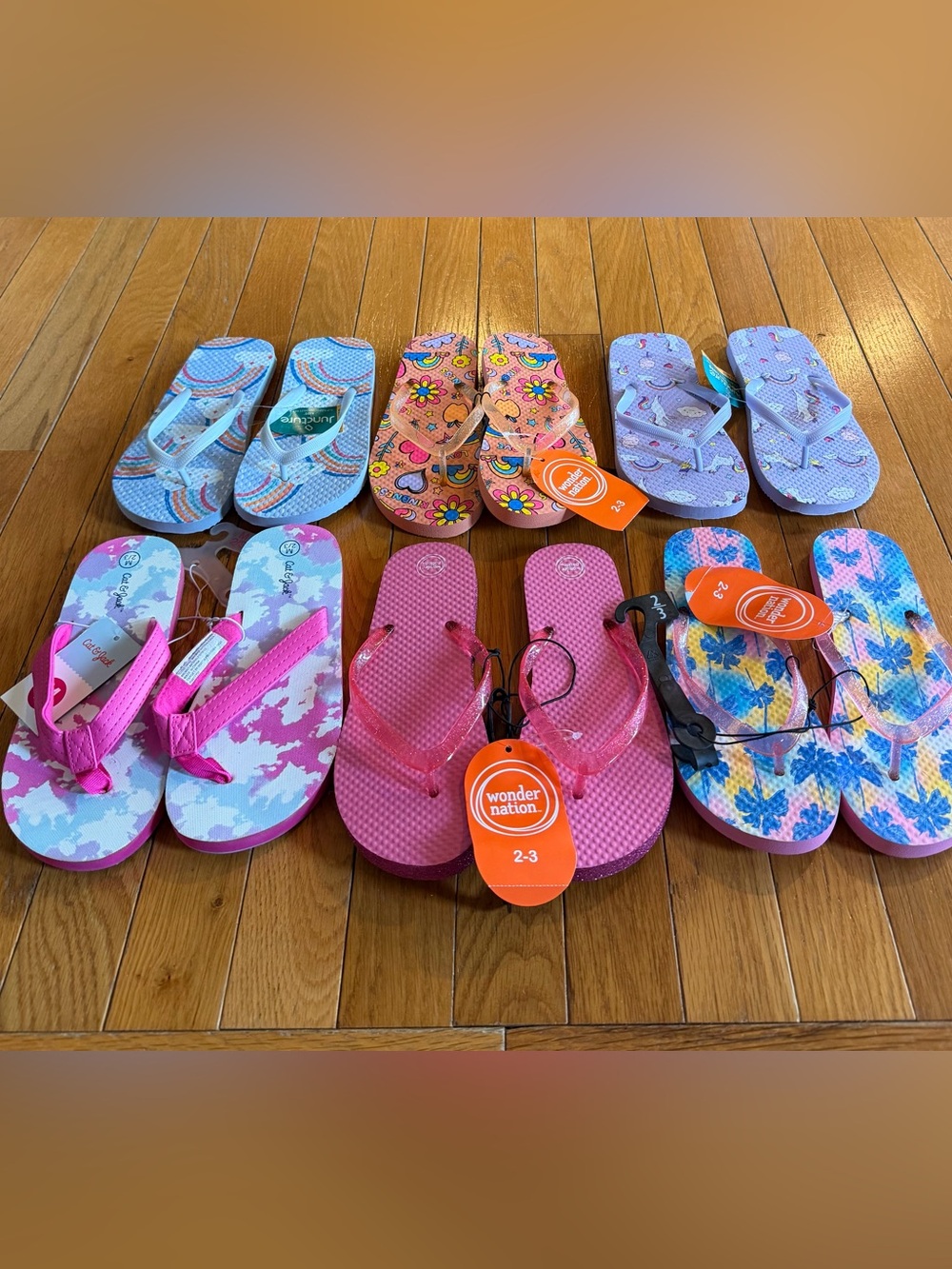NEW 6 Pairs Girls Sz 2/3 Flip Flops Sandals Wonder Nation Cat & Jack Pink